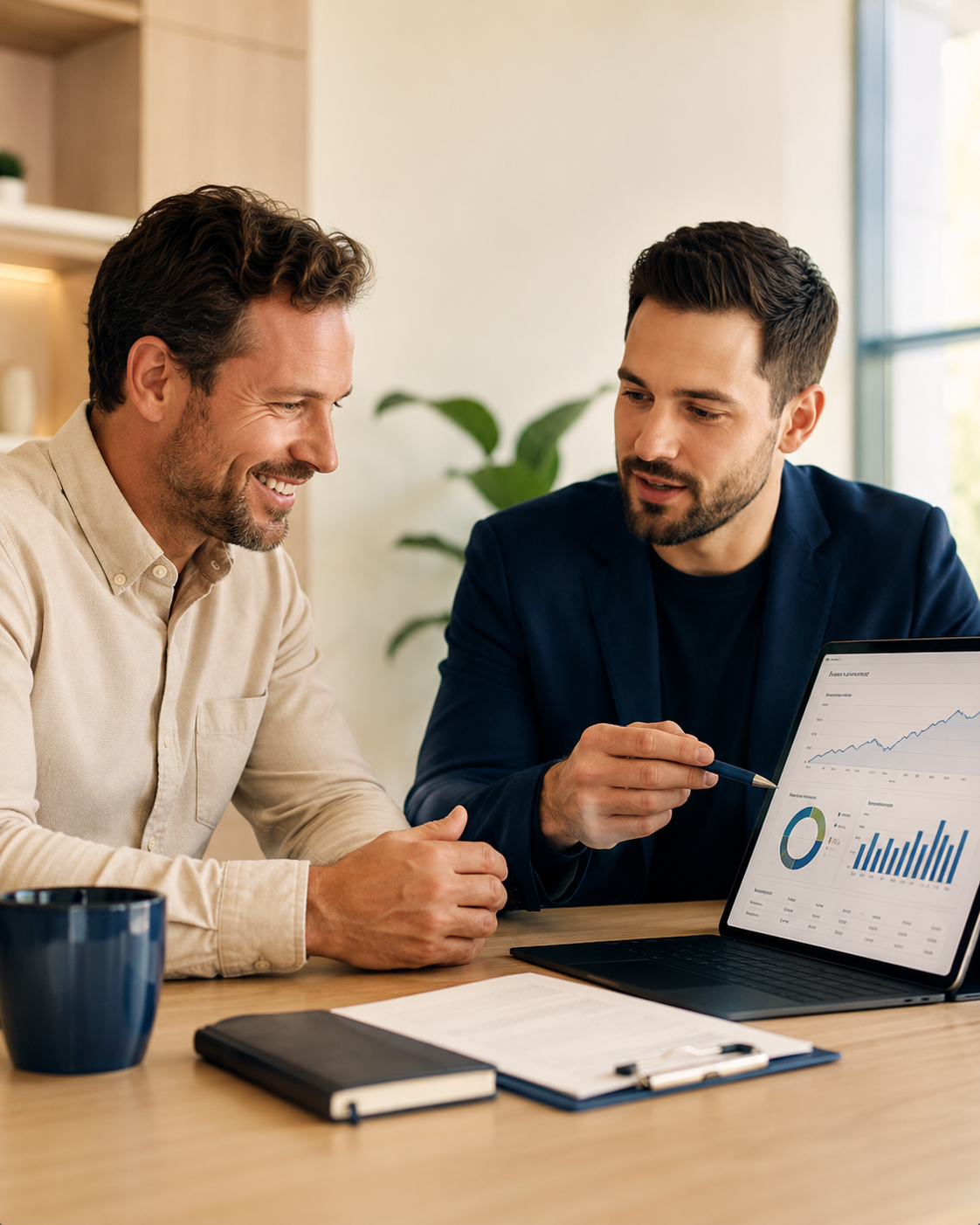 Agency strategist reviewing campaign performance with a service business client