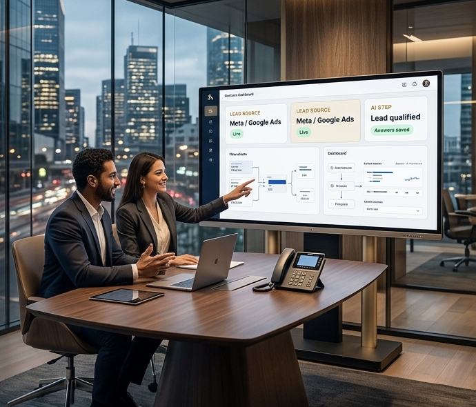 Agency team reviewing ad and lead qualification dashboard in a premium modern office