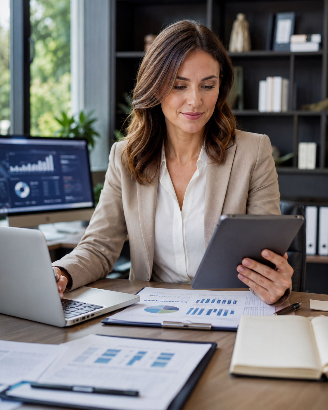 Marketing strategist reviewing qualified lead responses and campaign reports on a tablet
